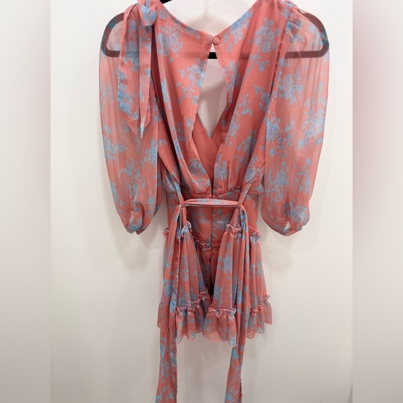 Saints + Secrets Pink Floral Ruffle Mini Dress Bow Shoulders Anthropologie - Picture 4 of 5